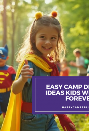 kids in superhero costumes playing at summer camp outdoors