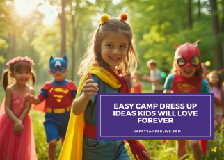 kids in superhero costumes playing at summer camp outdoors
