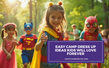 kids in superhero costumes playing at summer camp outdoors