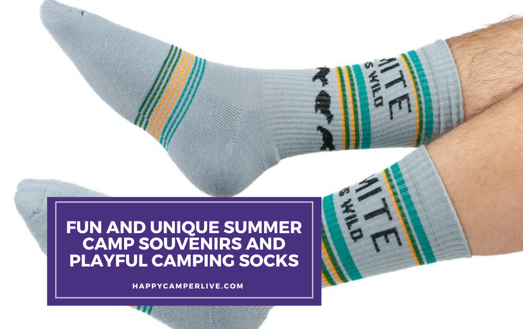 gray camping socks with colorful stripes and bear prints