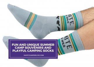 gray camping socks with colorful stripes and bear prints