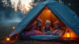 children staying warm camping in tent with cozy sleep setup