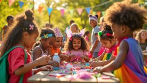  kids doing crafts at colorful summer camp dress-up day