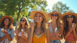 teen girls applying sunscreen at summer camp outdoors