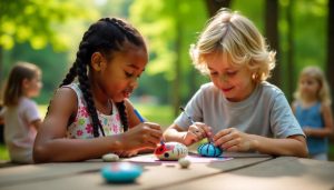 kids painting rocks at summer camp craft table outdoors