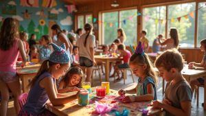 kids doing summer camp arts and crafts indoors together