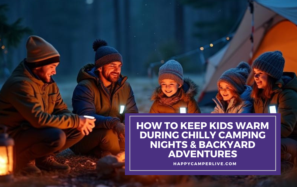 family camping at night around cozy campfire in winter forest