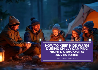 family camping at night around cozy campfire in winter forest