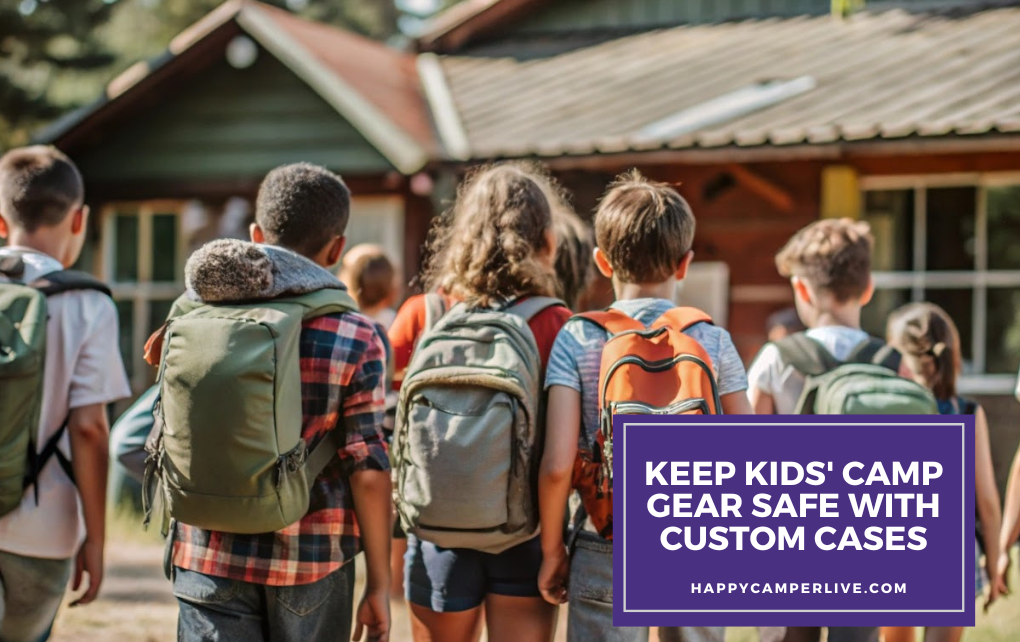 kids with backpacks walking to summer camp log cabin