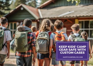 kids with backpacks walking to summer camp log cabin