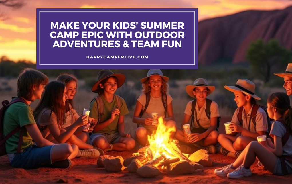 kids enjoying campfire at sunset during summer adventure camp