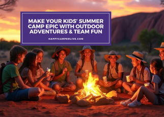kids enjoying campfire at sunset during summer adventure camp