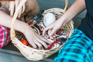 a basket with scavenger hunt items