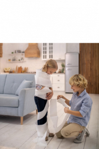 one child wraps another in toilet paper