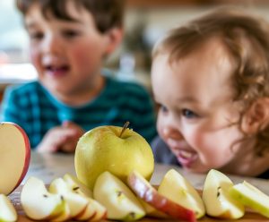 kids looking at apples