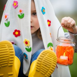 a little girl holds a lantern