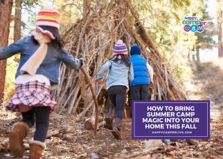 kids running into a fort in the woods